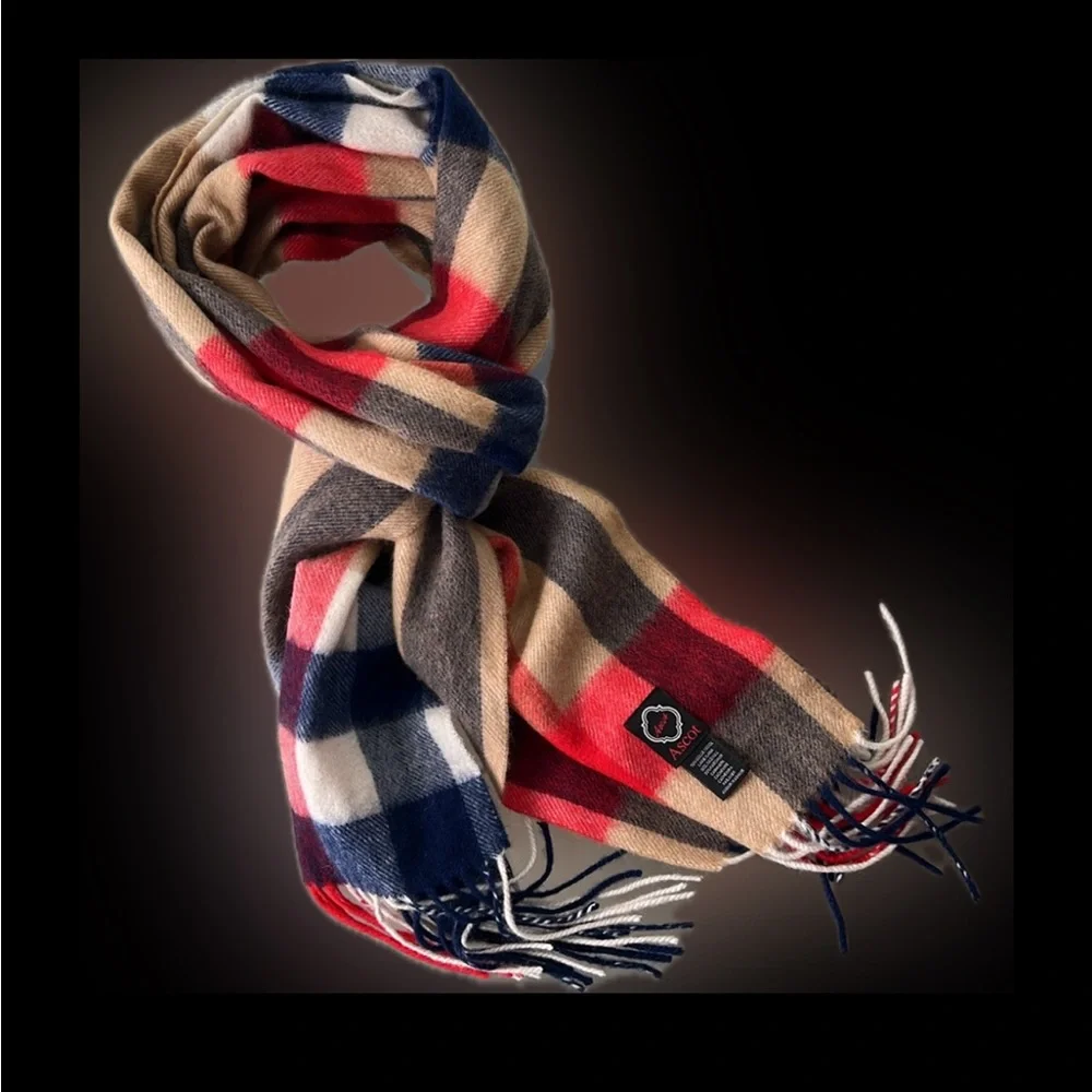 🐑🇩🇪Soft Wool & Cashmere Fringed Men’s or Women’s Tan/Red/Blue/White Plaid Scarf